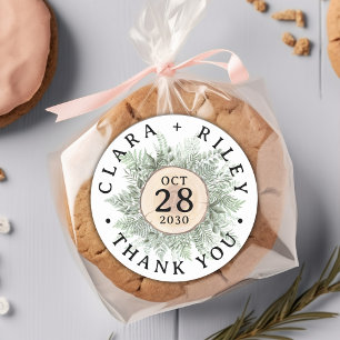 Rustic Watercolor Floral Wood Wedding Thank You Classic Round Sticker