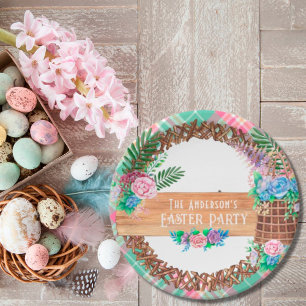 Rustic Watercolor Floral Wreath Happy Easter Paper Plate