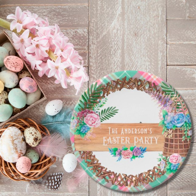 Rustic Watercolor Floral Wreath Happy Easter Paper Plate (Creator Uploaded)