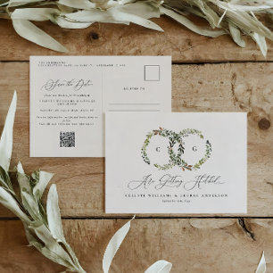 Rustic watercolor floral wreath monogram wedding postcard