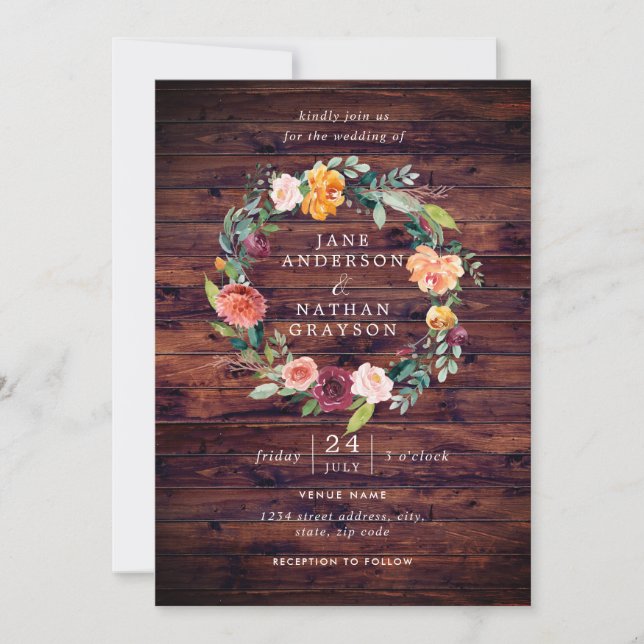 Rustic Watercolor Floral Wreath Wedding Invitation (Front)
