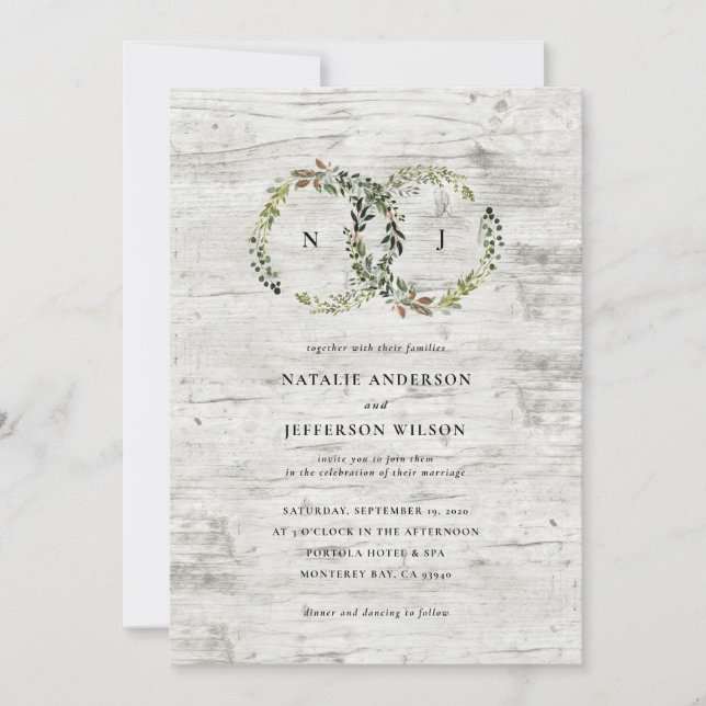 Rustic watercolor floral wreath wedding invite (Front)