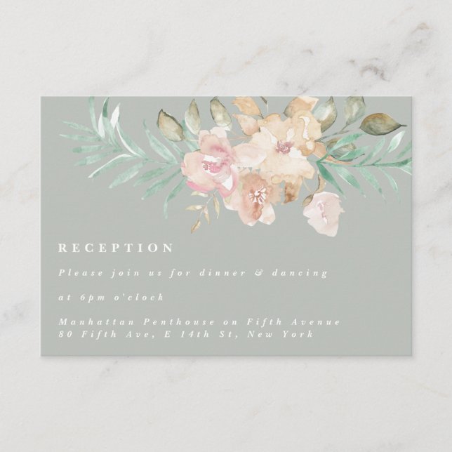 Rustic Watercolor Florals Sage Green Reception Enclosure Card (Front)