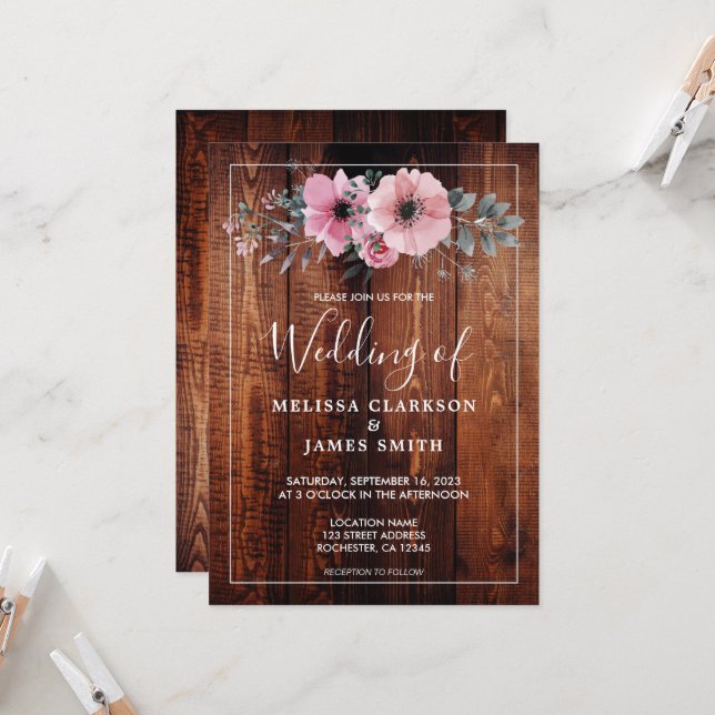 Rustic watercolor flowers barn wood wedding invitation (Front/Back In Situ)