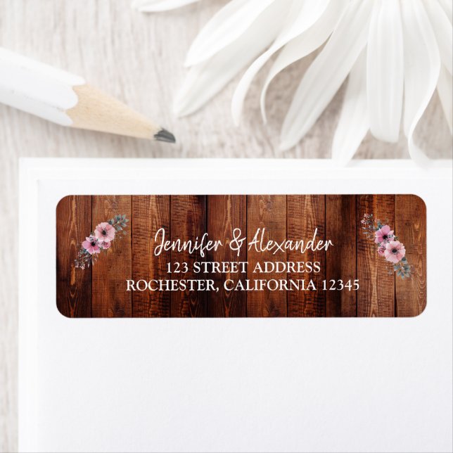 Rustic watercolor flowers barn wood wedding label (Insitu)