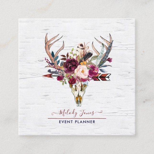 RUSTIC WATERCOLOR FLOWERS, BOHO SKULL+ARROW SQUARE BUSINESS CARD (Front)