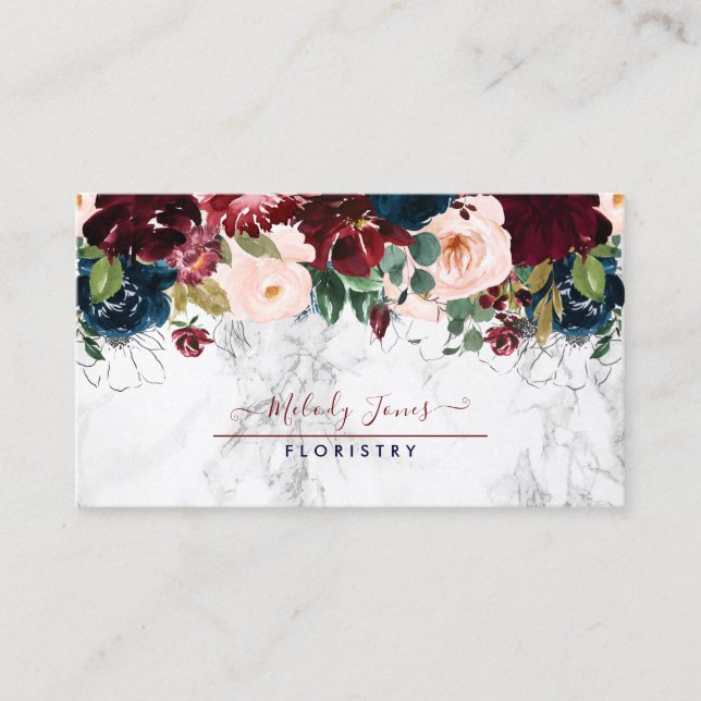 RUSTIC WATERCOLOR FLOWERS BURGUNDY+BLUSH BUSINESS CARD (Front)