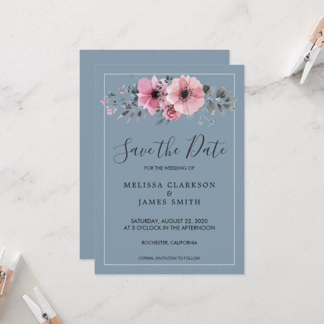 Rustic watercolor flowers dusty blue Save the Date Invitation (Front/Back In Situ)