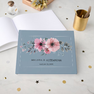 Rustic watercolor flowers dusty blue Wedding Guest Book