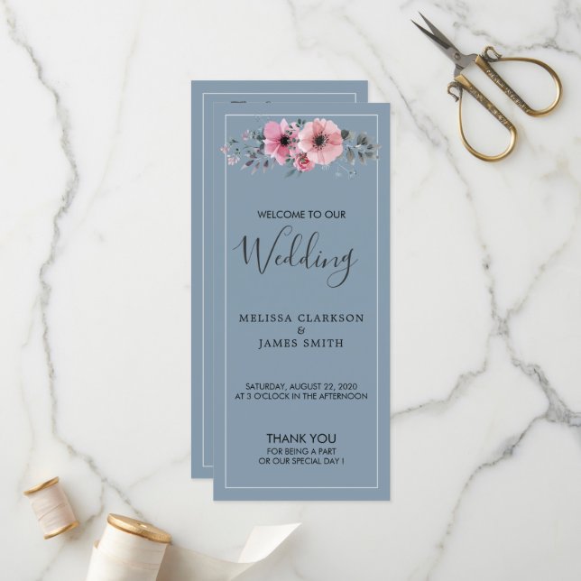 Rustic watercolor flowers dusty blue wedding programme (Front/Back In Situ)