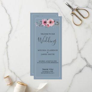 Rustic watercolor flowers dusty blue wedding programme