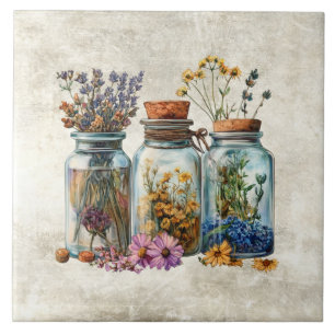 Rustic Watercolor Flowers in Jars Tile