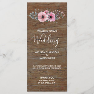 Rustic watercolor flowers on barn wood wedding programme