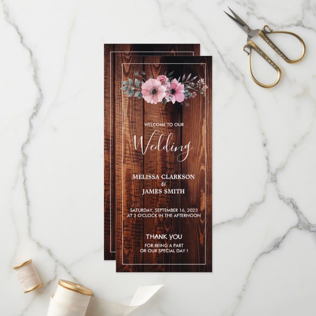 Rustic watercolor flowers on barn wood wedding programme (Front/Back In Situ)