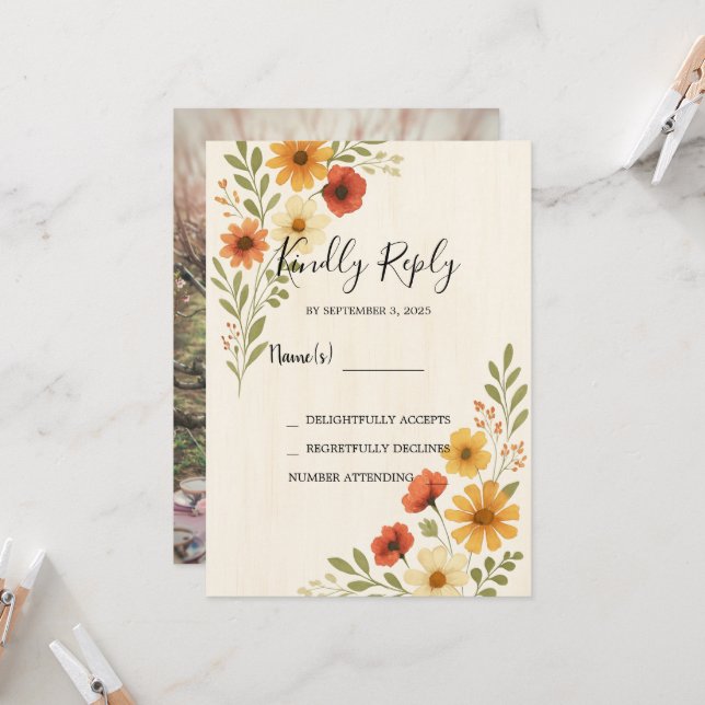 Rustic watercolor flowers photo wedding RSVP Invitation (Front/Back In Situ)