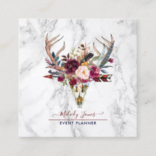 RUSTIC WATERCOLOR FLOWERS, SKULL+ARROW MARBLE SQUARE BUSINESS CARD