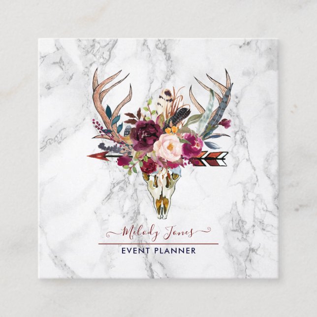 RUSTIC WATERCOLOR FLOWERS, SKULL+ARROW MARBLE SQUARE BUSINESS CARD (Front)