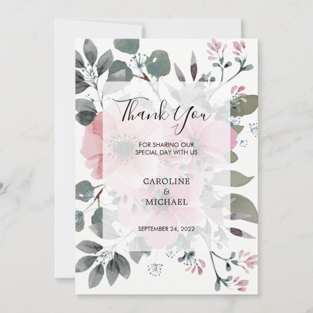 Rustic watercolor flowers Thank You wedding card (Front)