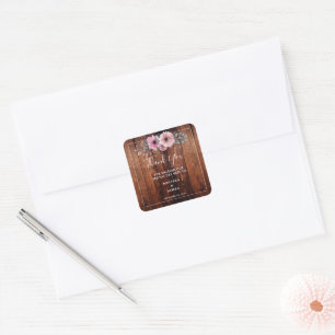 Rustic watercolor flowers wood Wedding Thank You Square Sticker