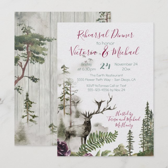 Rustic Watercolor Forest Deer Rehearsal Dinner Invitation (Front/Back)