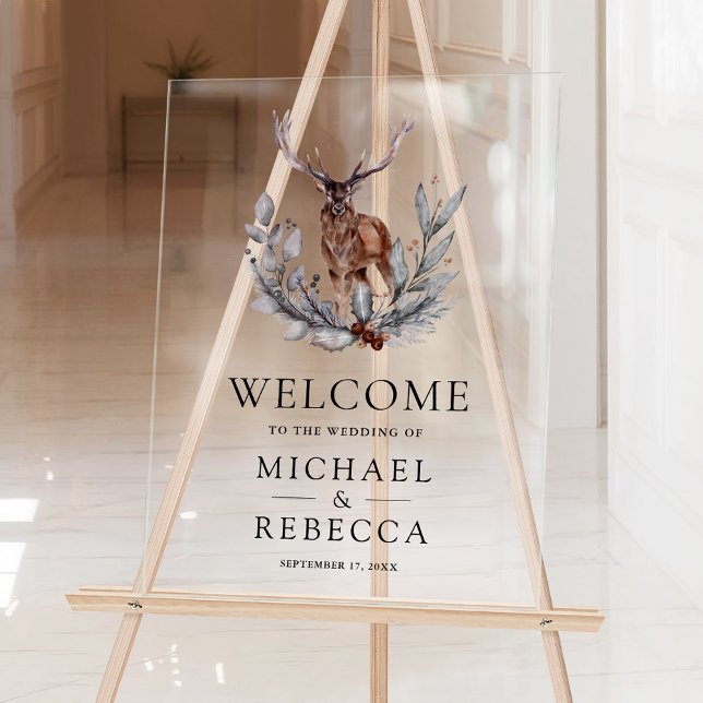 Rustic Watercolor Forest Deer Wedding Welcome Acrylic Sign (Creator Uploaded)