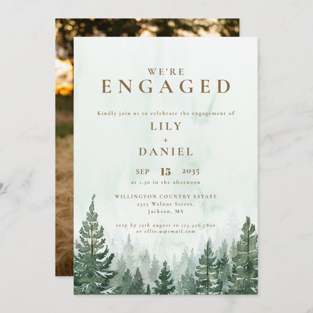 Rustic Watercolor Forest Engagement Party Photo Invitation (Front/Back)