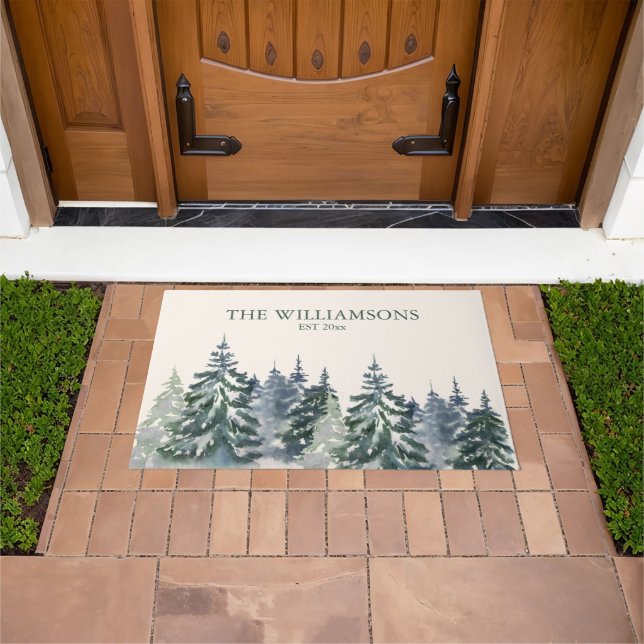 Rustic Watercolor Forest Family Name Christmas Doormat (Outdoor)