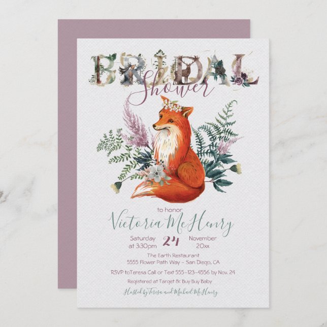 Rustic Watercolor Forest Fox Bridal Shower Invitation (Front/Back)