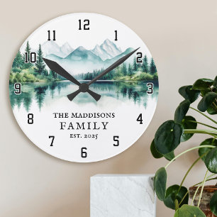 Rustic Watercolor Forest Mountains & Lake Family Round Clock