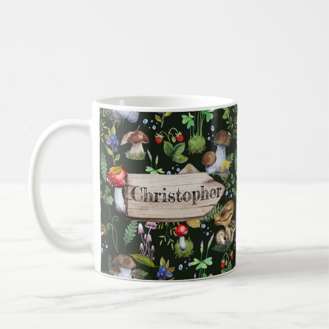 Rustic Watercolor Forest Mushrooms Plants Berries Coffee Mug (Left)