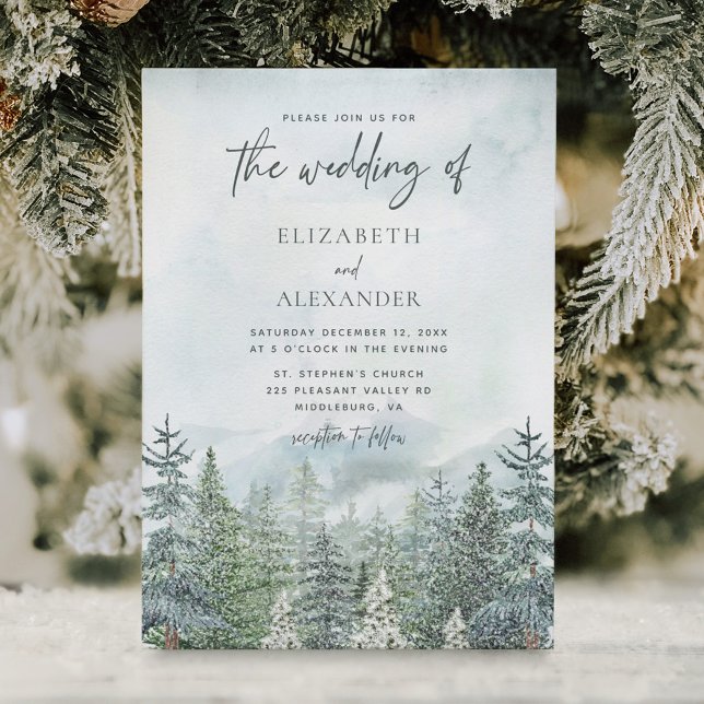 Rustic Watercolor Forest Pine Trees Winter Wedding Invitation (Creator Uploaded)