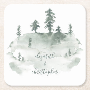 Rustic Watercolor Forest Pinery Wedding Square Paper Coaster