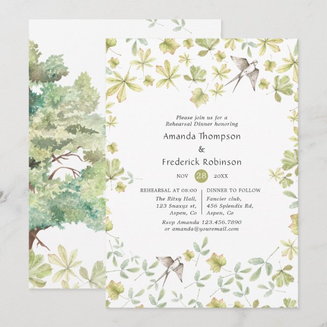 Rustic Watercolor Forest Rehearsal Dinner Invitation (Front/Back)