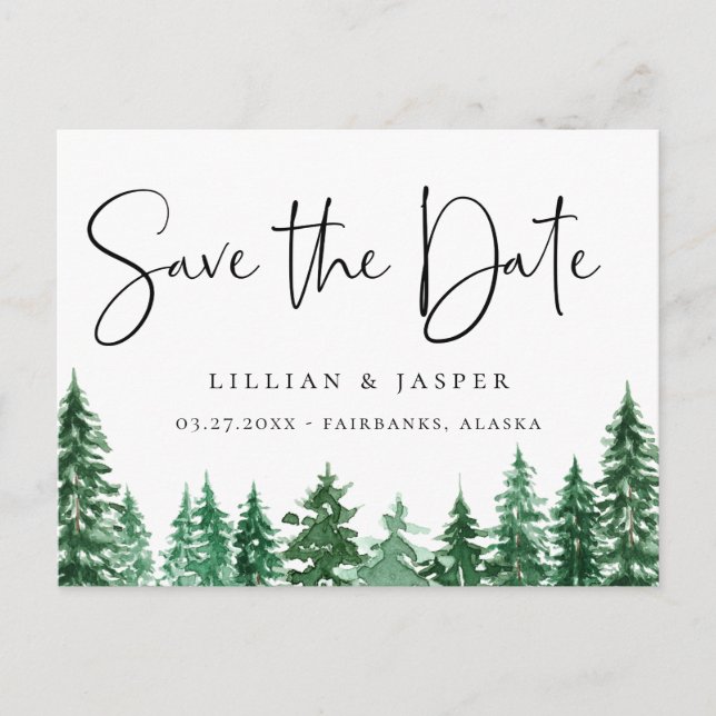 Rustic Watercolor Forest Save the Date Announcement Postcard (Front)