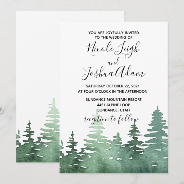 rustic watercolor forest wedding invitation (Front/Back)