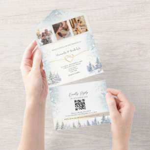 Rustic Watercolor Forest Winter Wedding All In One Invitation
