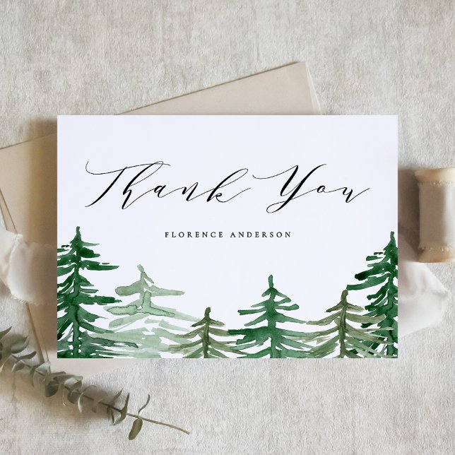 Rustic Watercolor Forest Woodland Birthday Thank You Card (Customizable woodland thank you card featuring watercolor forest scenery. Perfect for woodland event)