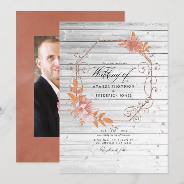 Rustic Watercolor Geometric Terracotta Wedding Invitation (Front/Back)