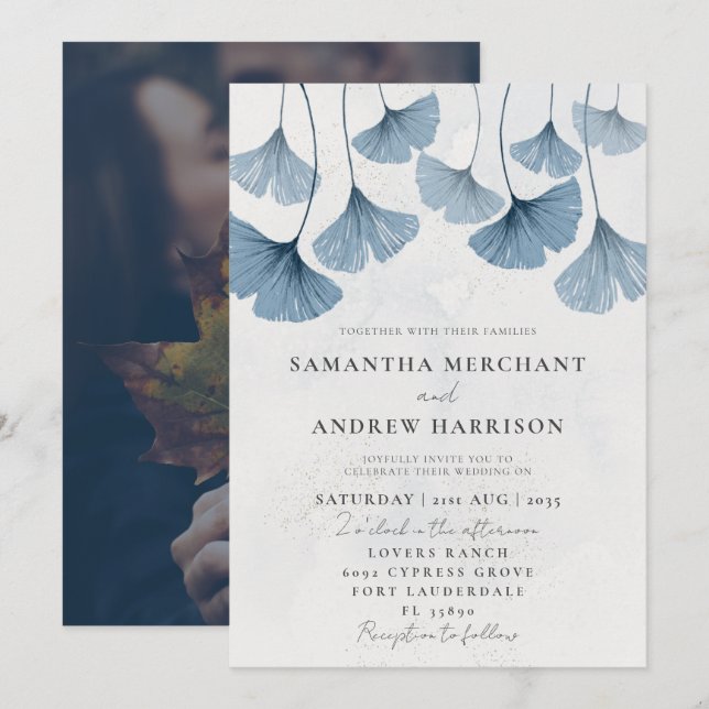 Rustic Watercolor Ginkgo Dusty Blue Wedding Invitation (Front/Back)