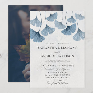 Rustic Watercolor Ginkgo Dusty Blue Wedding Invitation