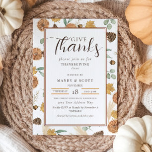 Rustic Watercolor Give Thanks Thanksgiving Dinner Invitation