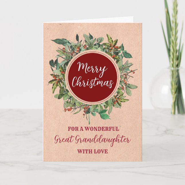 Rustic Watercolor Great Granddaughter Christmas Card (Front)