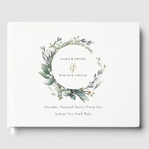 Rustic Watercolor Green Foliage Wreath Wedding Guest Book
