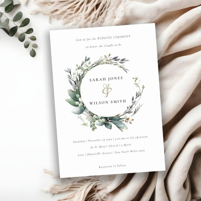Rustic Watercolor Green Foliage Wreath Wedding Invitation (Creator Uploaded)