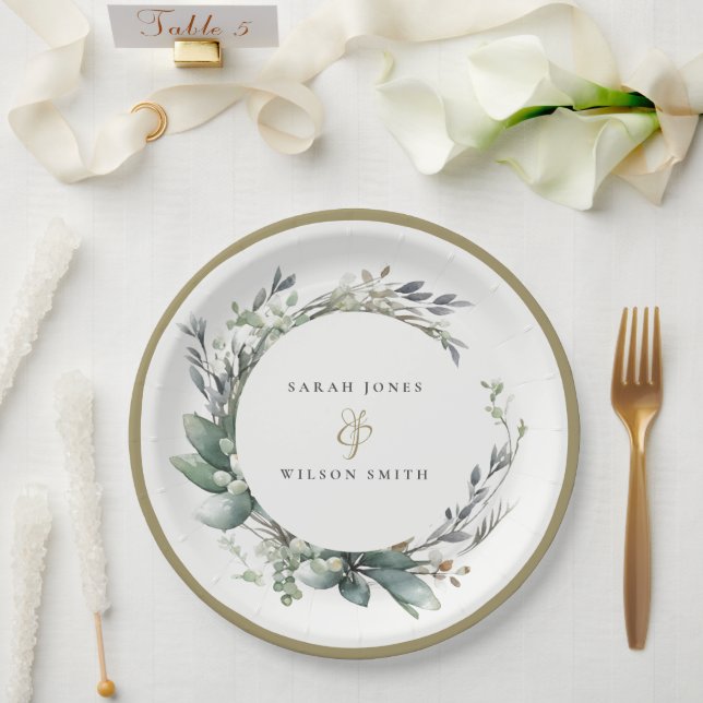 Rustic Watercolor Green Foliage Wreath Wedding Paper Plate (Wedding)