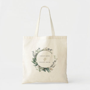 Rustic Watercolor Green Foliage Wreath Wedding Tote Bag