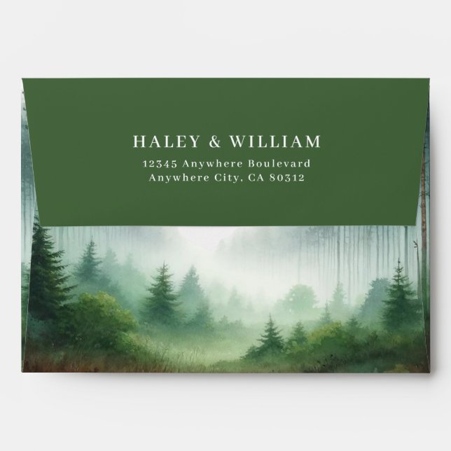 Rustic Watercolor Green Forest Destiantion Wedding Envelope (Back (Top Flap))