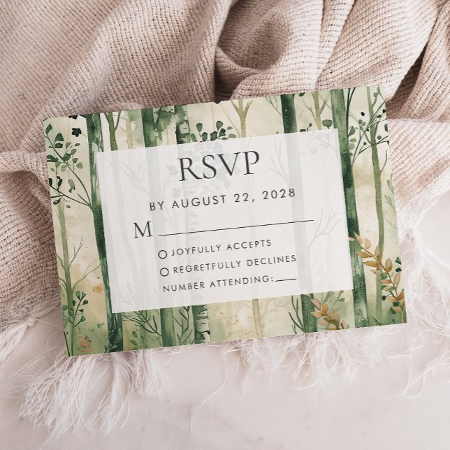 Rustic Watercolor Green Gold Woodland RSVP Card (Creator Uploaded)