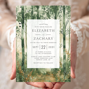 Rustic Watercolor Green Gold Woodland Wedding Invitation