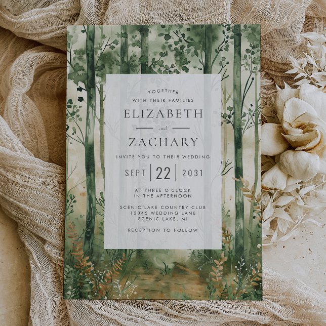 Rustic Watercolor Green Gold Woodland Wedding Invitation (Creator Uploaded)